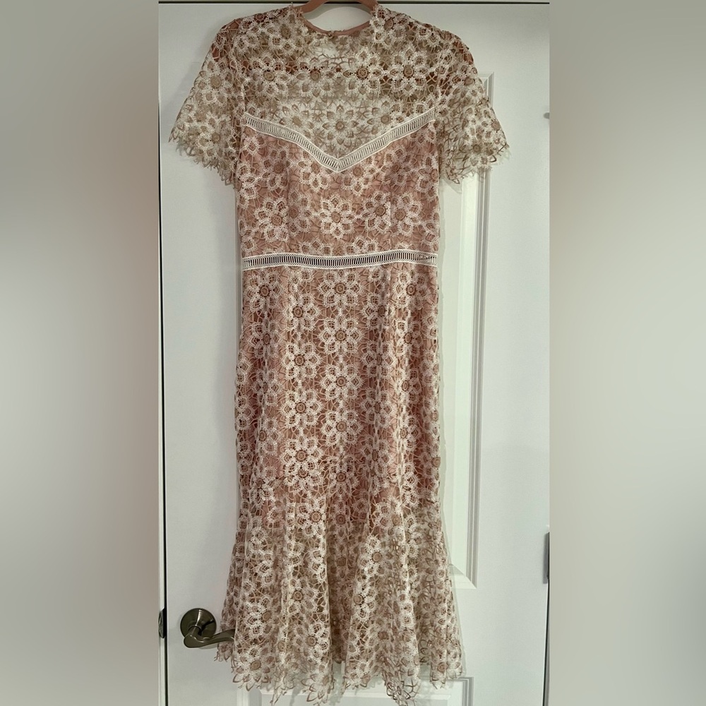 SAYLOR Lillie Lace Illusion Dress 
Illusion Neckline/Open Back 
MED 
BLUSH/IVORY - Picture 14 of 16